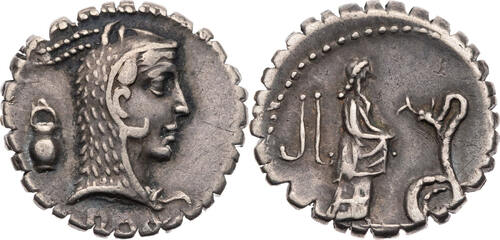 Römische Republik Denar (Serratus) 64 v. Chr. L. Roscius Fabatus, Kopf der Iuno Sospita / Priesterin