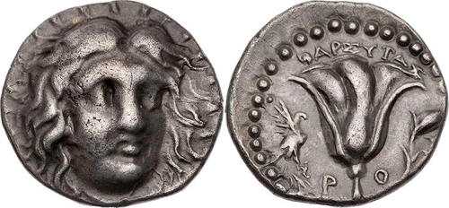 Karien, Karische Inseln Didrachme 229-205 v. Chr. Rhodos, Magistrat Tharsytas, Kopf des Helios / Ros