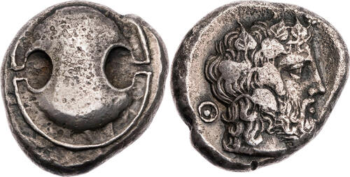 Böotien Stater 425-395 v. Chr. Theben, boiotischer Schild / Kopf des Dionysos, R! schöne Tönung, min
