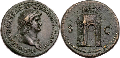 Römische Kaiserzeit Sesterz 64 n. Chr. Nero, Büste / Triumphbogen mit Skulpturenschmuck, Porträtstüc