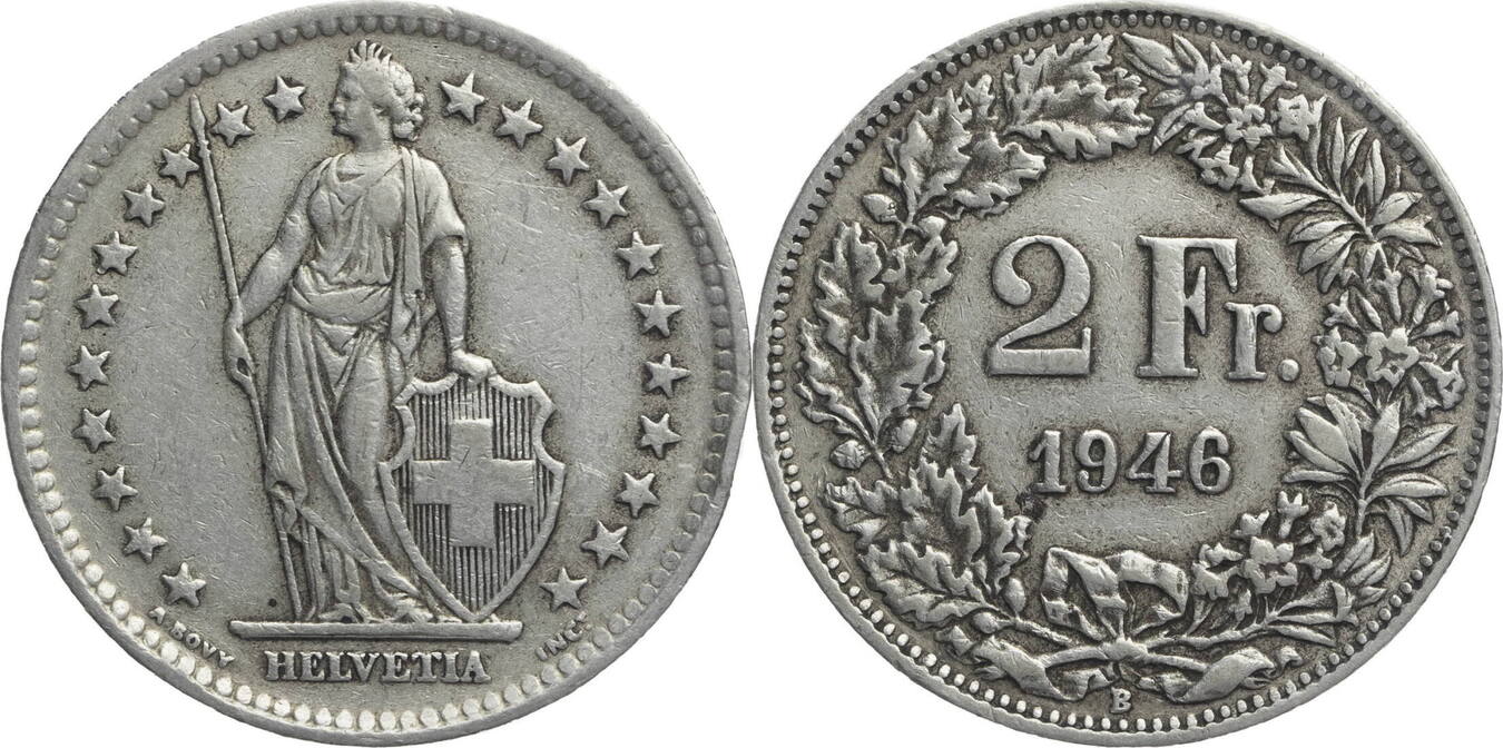 Schweiz 2 Franken 1946 B Helvetia - Kursmünze (1874-1967) Ss | MA-Shops