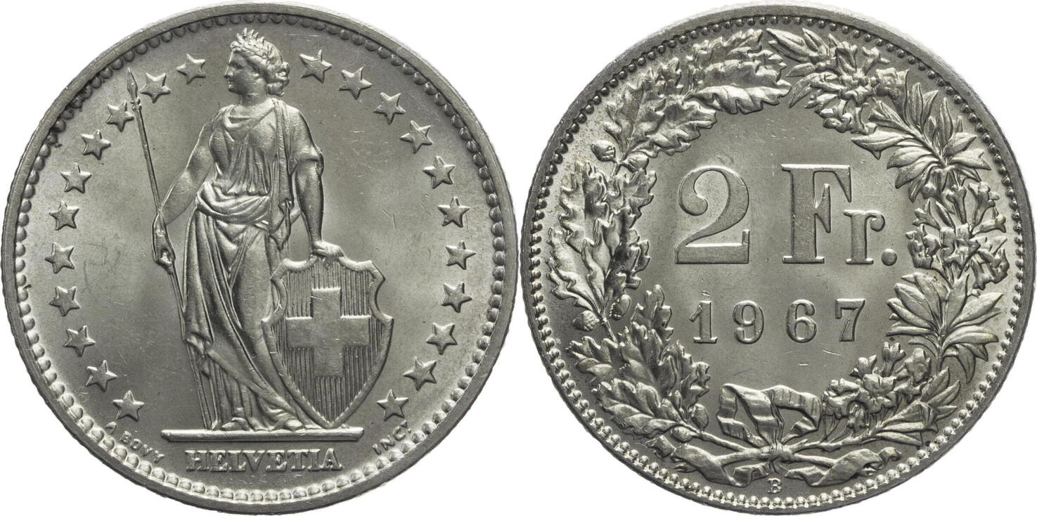 Schweiz 2 Franken 1967 B Helvetia - Kursmünze (1874-1967) Vz-st | MA-Shops