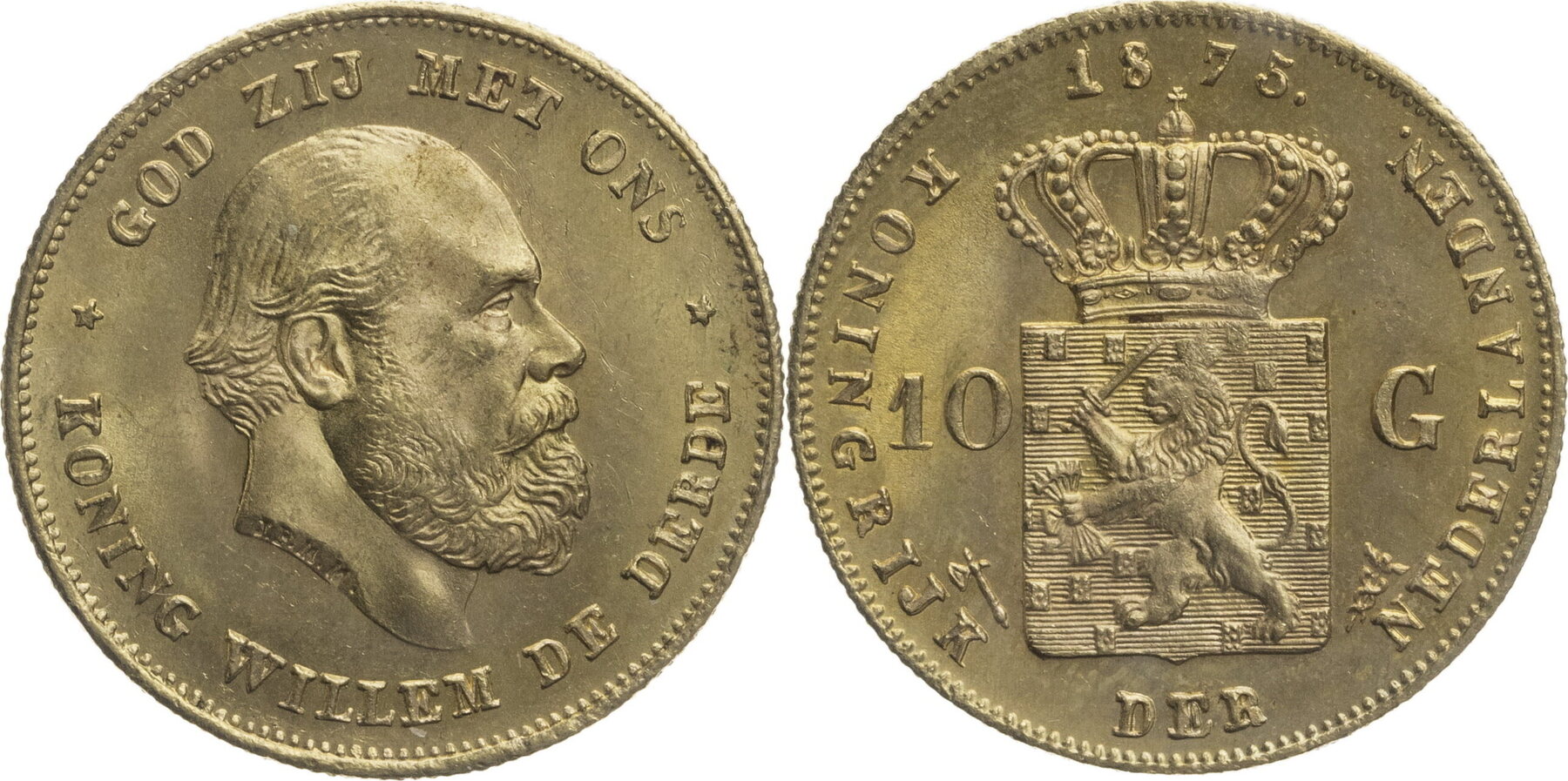 Niederlande 10 Gulden Willem III. (1849-1890) - Kursmünze (1875) Vz-st ...