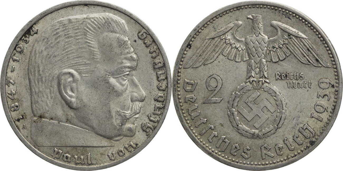Pièce 2 Reichsmark Allemagne 1939 A - Hindenburg - Troisième Reich - Argent UNC