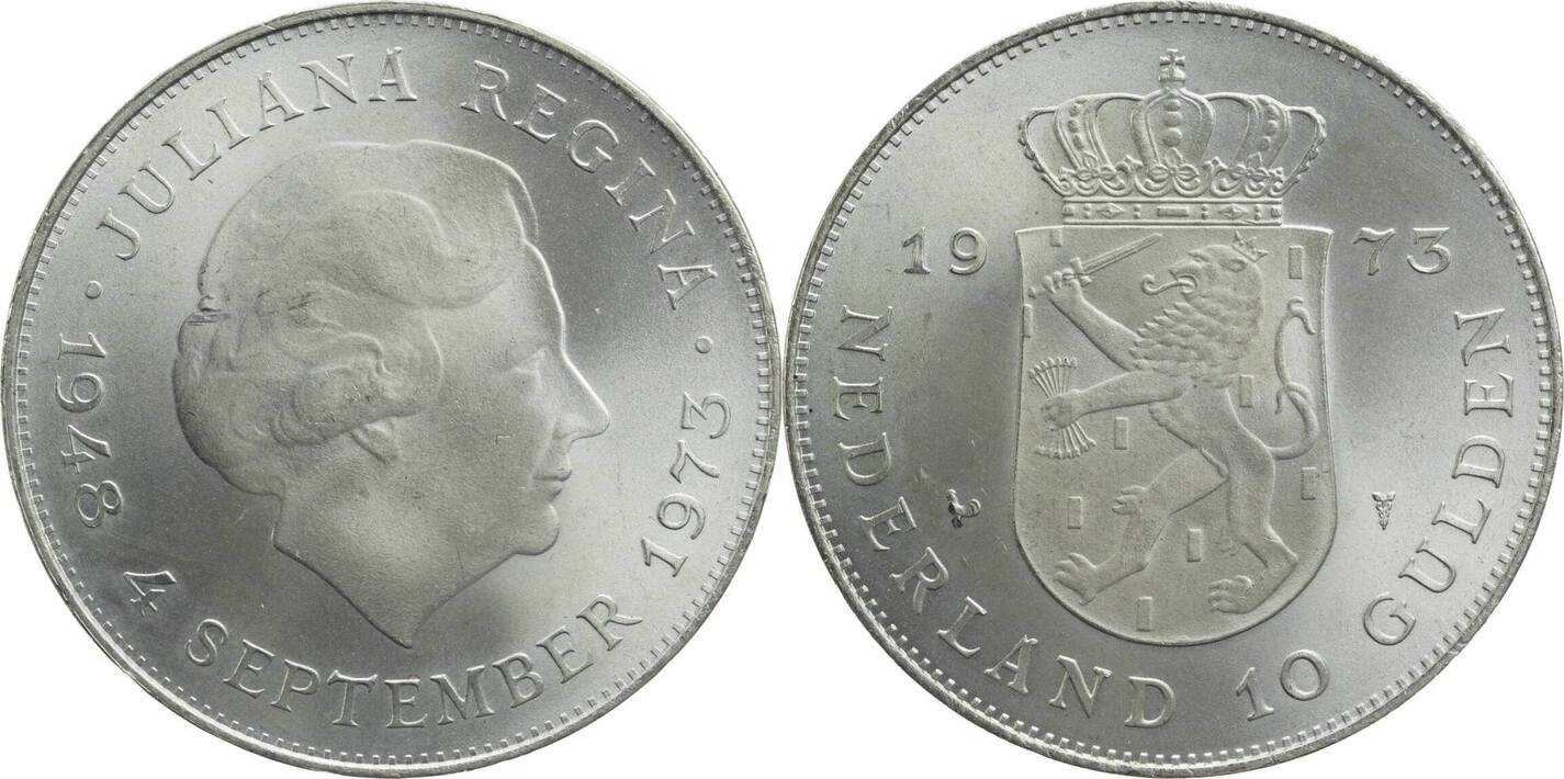 Niederlande 10 Gulden 1973 Juliana - 25. Regierungsjubiläum vz | MA-Shops