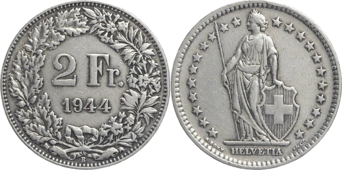 Schweiz 2 Franken 1944 B Helvetia - Kursmünze (1874-1967) Ss | MA-Shops