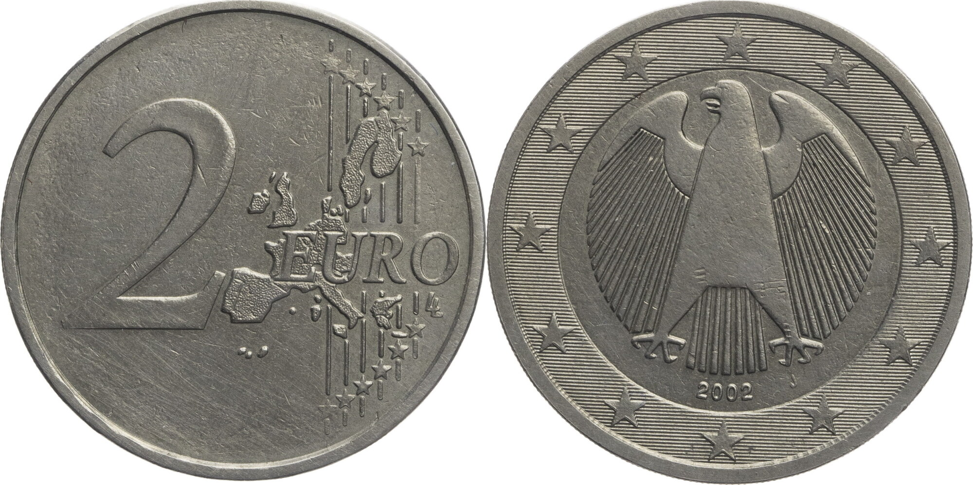 Bundesrepublik Deutschland 2002 J 2 Euro Kursmünze Schrötlingsverwechslung ss Bundesrepublik Deutschland 2002 J 2 Euro Kursmünze Schrötlingsverwechslung ss