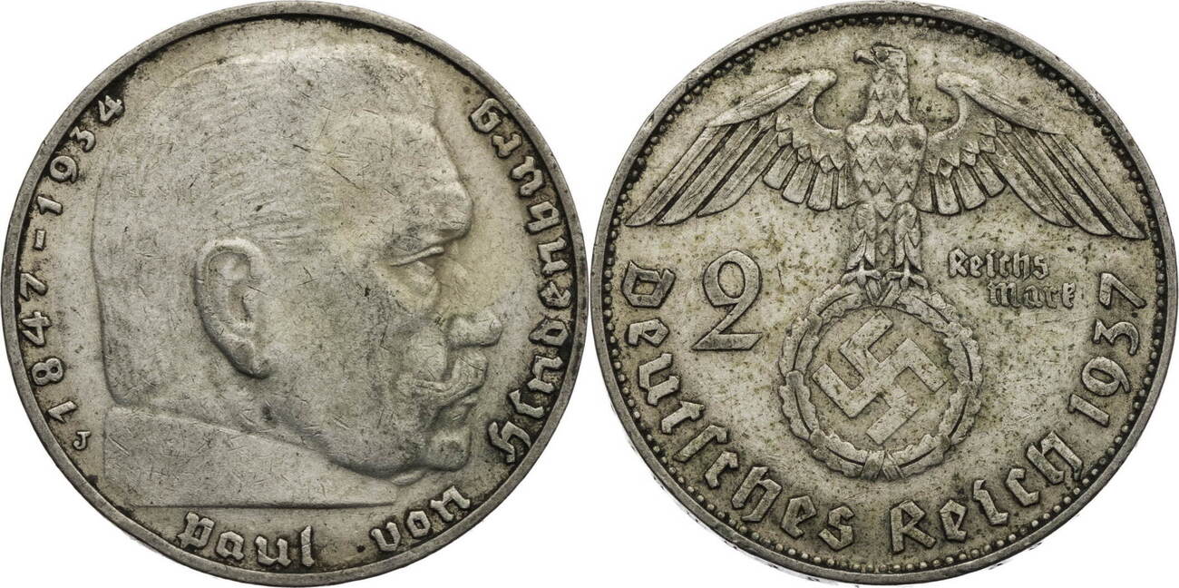 2 Mark Deutsches Reich 1937 Paul Von Hindenburg Drittes Reich 2 Reichsmark 1937 J Paul von Hindenburg - Kursmünze (1936