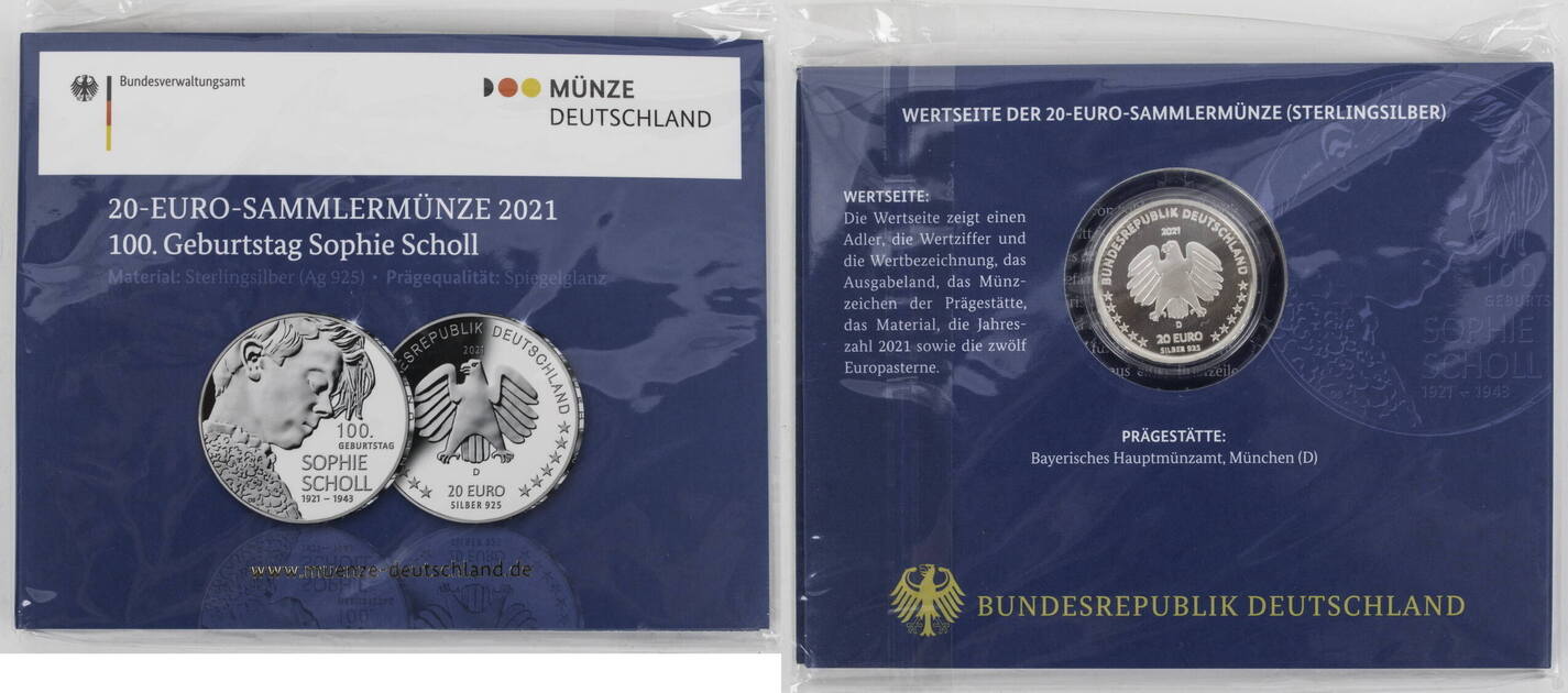 Bundesrepublik Deutschland 20 Euro 2021 D 100. Geburtstag Sophie Scholl