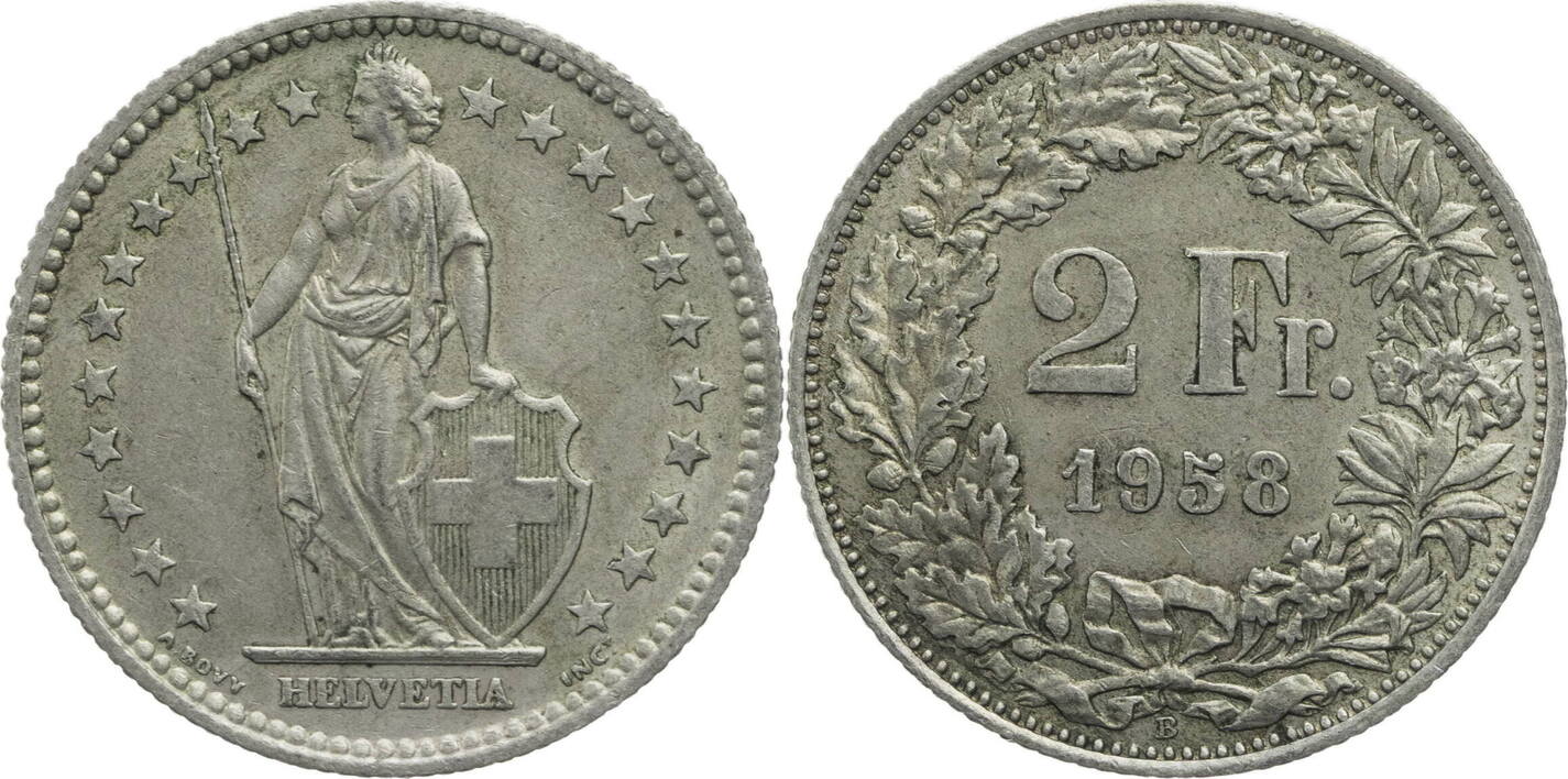 Schweiz 2 Franken 1958 B Helvetia - Kursmünze (1874-1967) Ss | MA-Shops