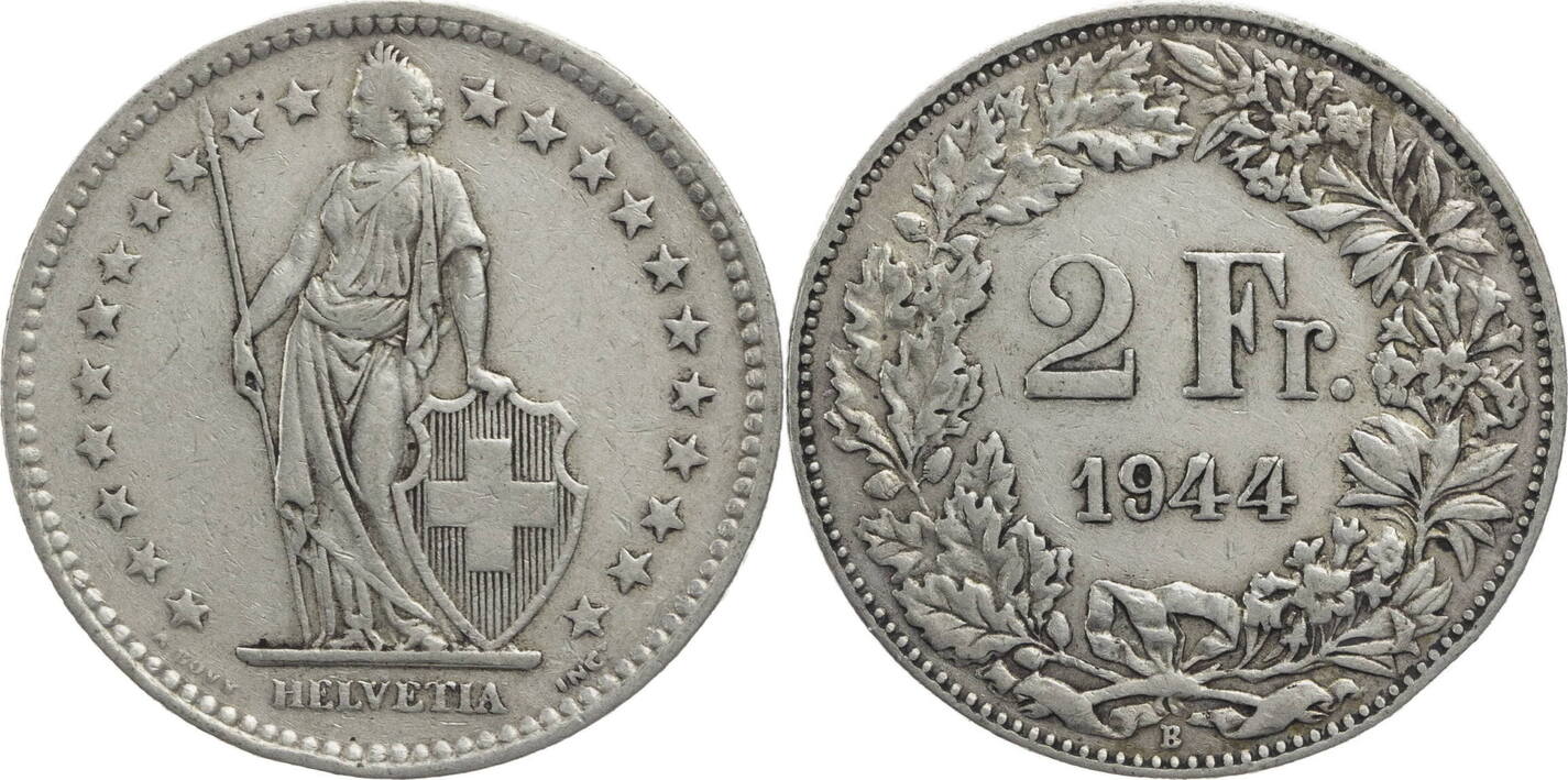 Schweiz 2 Franken 1944 B Helvetia - Kursmünze (1875-1967) Ss | MA-Shops