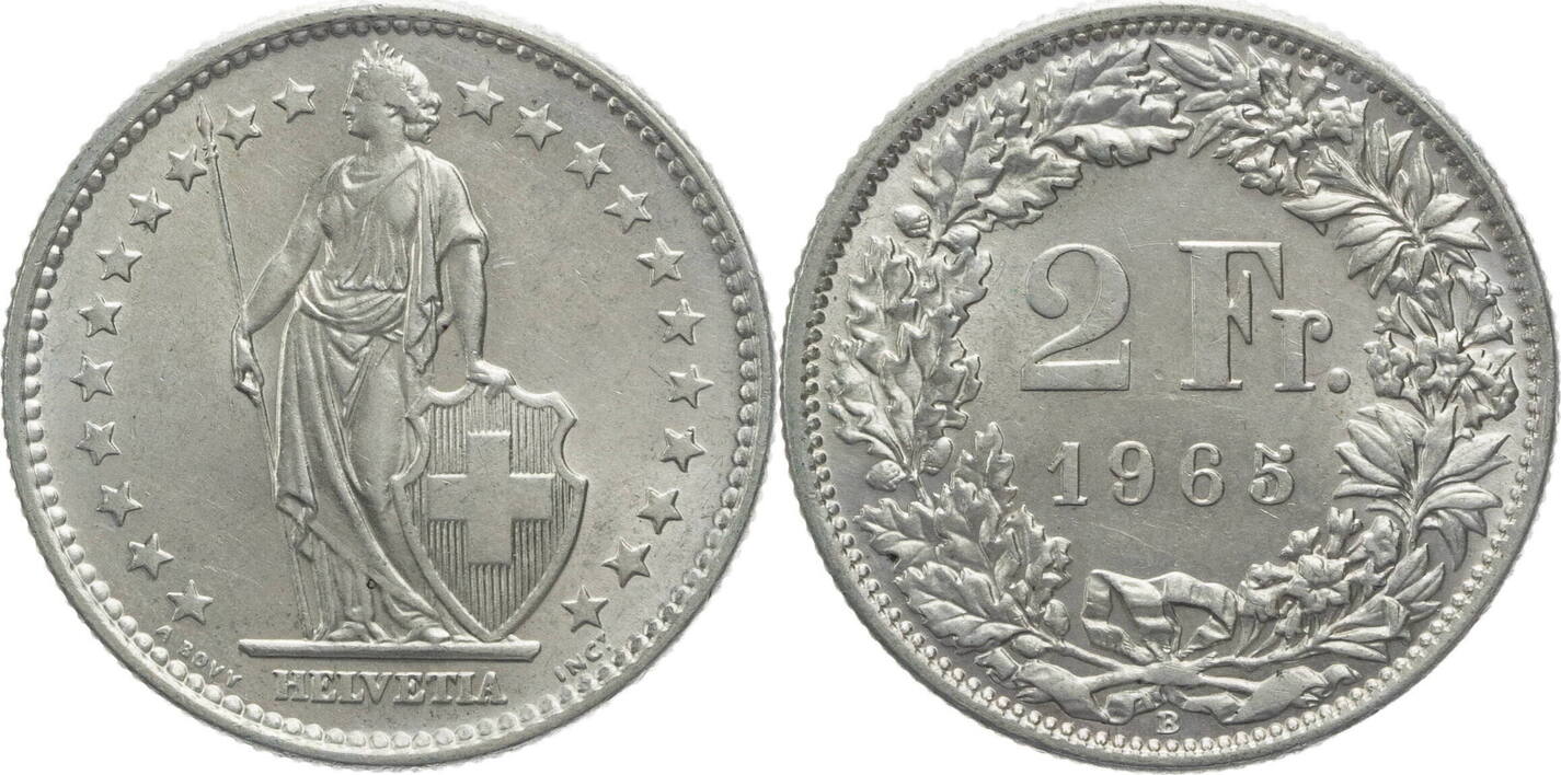 Schweiz 2 Franken 1965 B Helvetia - Kursmünze (1874-1967) Vz | MA-Shops