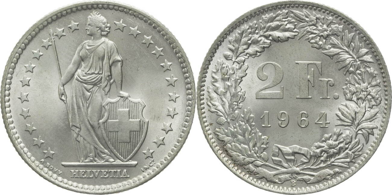 Schweiz 2 Franken 1964 B Helvetia - Kursmünze (1874-1967) Vz | MA-Shops