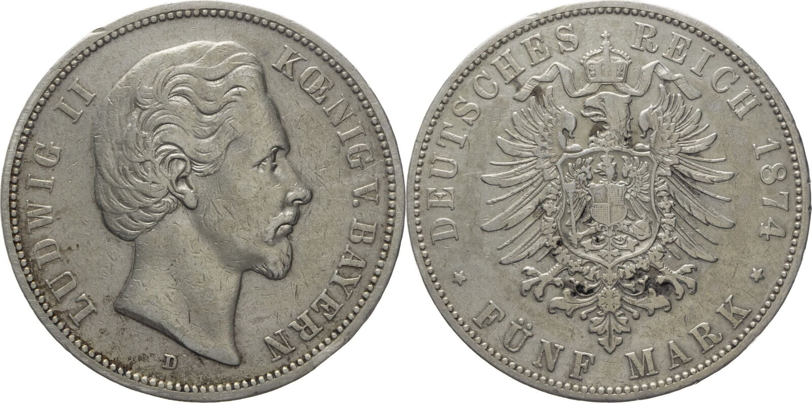 Kaiserreich, Bayern 5 Mark 1874 D Ludwig II. (1864-1886) - Kursmünze ...