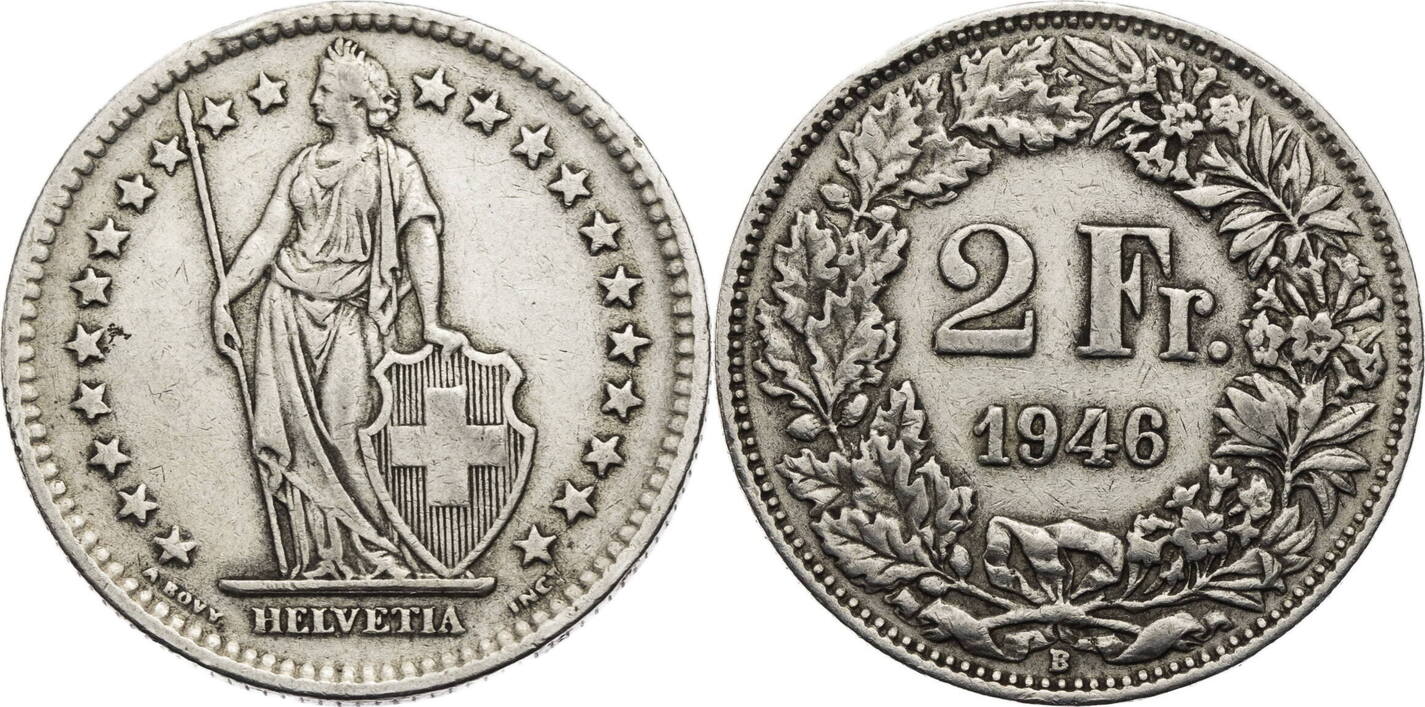 Schweiz 2 Franken 1946 B Helvetia - Kursmünze (1874-1967) Ss | MA-Shops