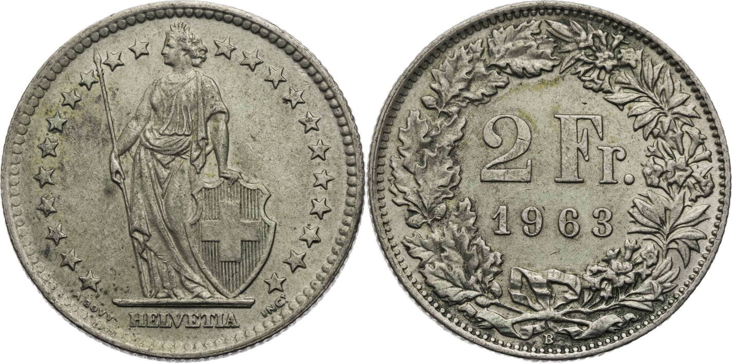 Schweiz 2 Franken 1963 B Helvetia - Kursmünze (1874-1967) Vz | MA-Shops