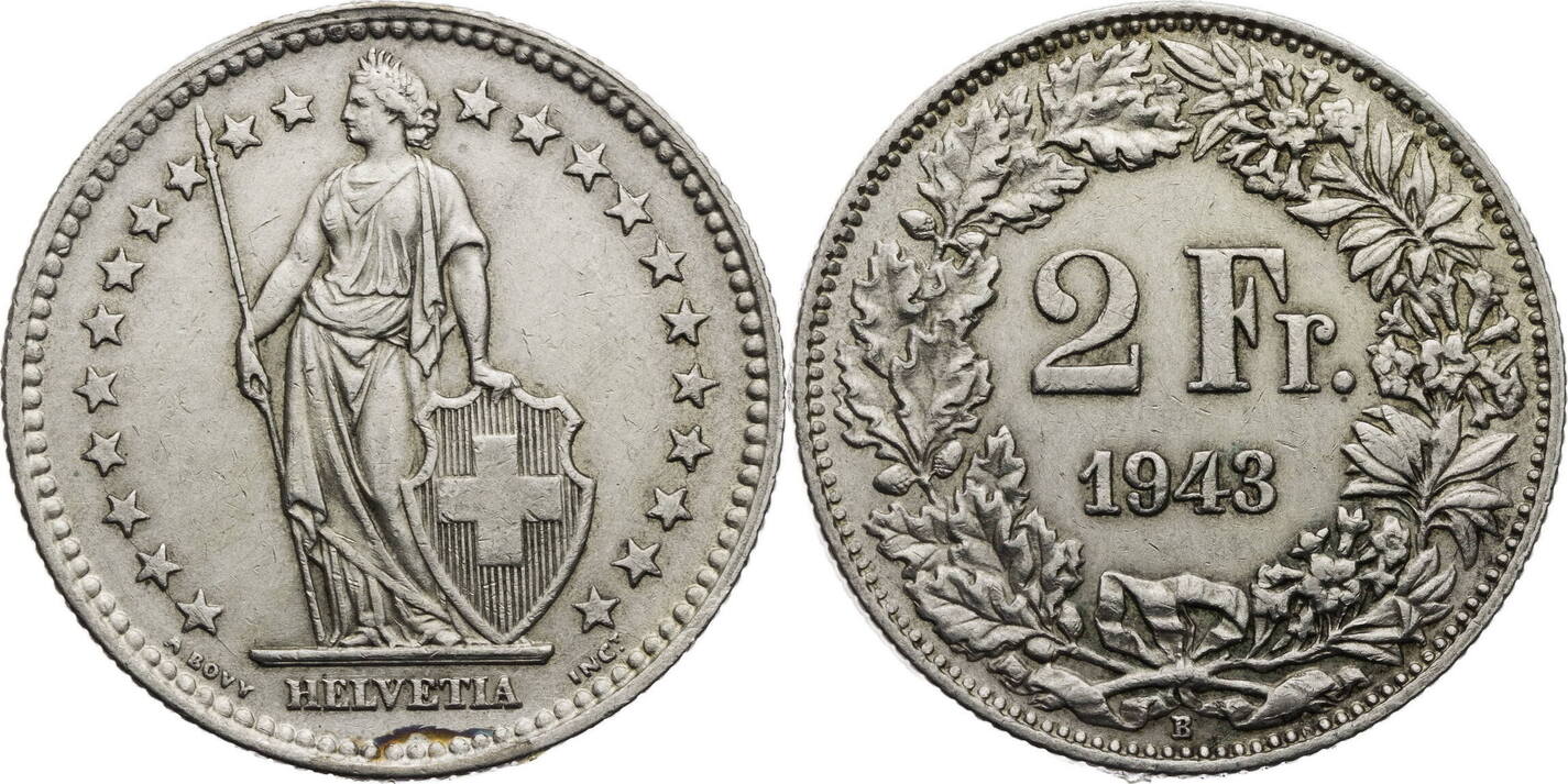 Schweiz 2 Franken 1943 B Helvetia - Kursmünze (1874-1967) Ss, Zaponiert ...