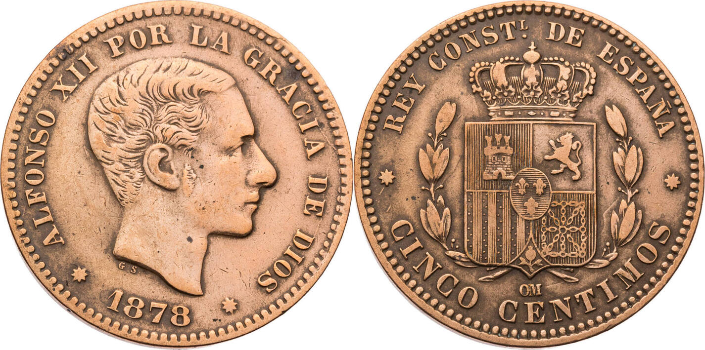 Spanien 5 Centimos 1878 OM Alfons XII. (18741885) Kursmünze (1877