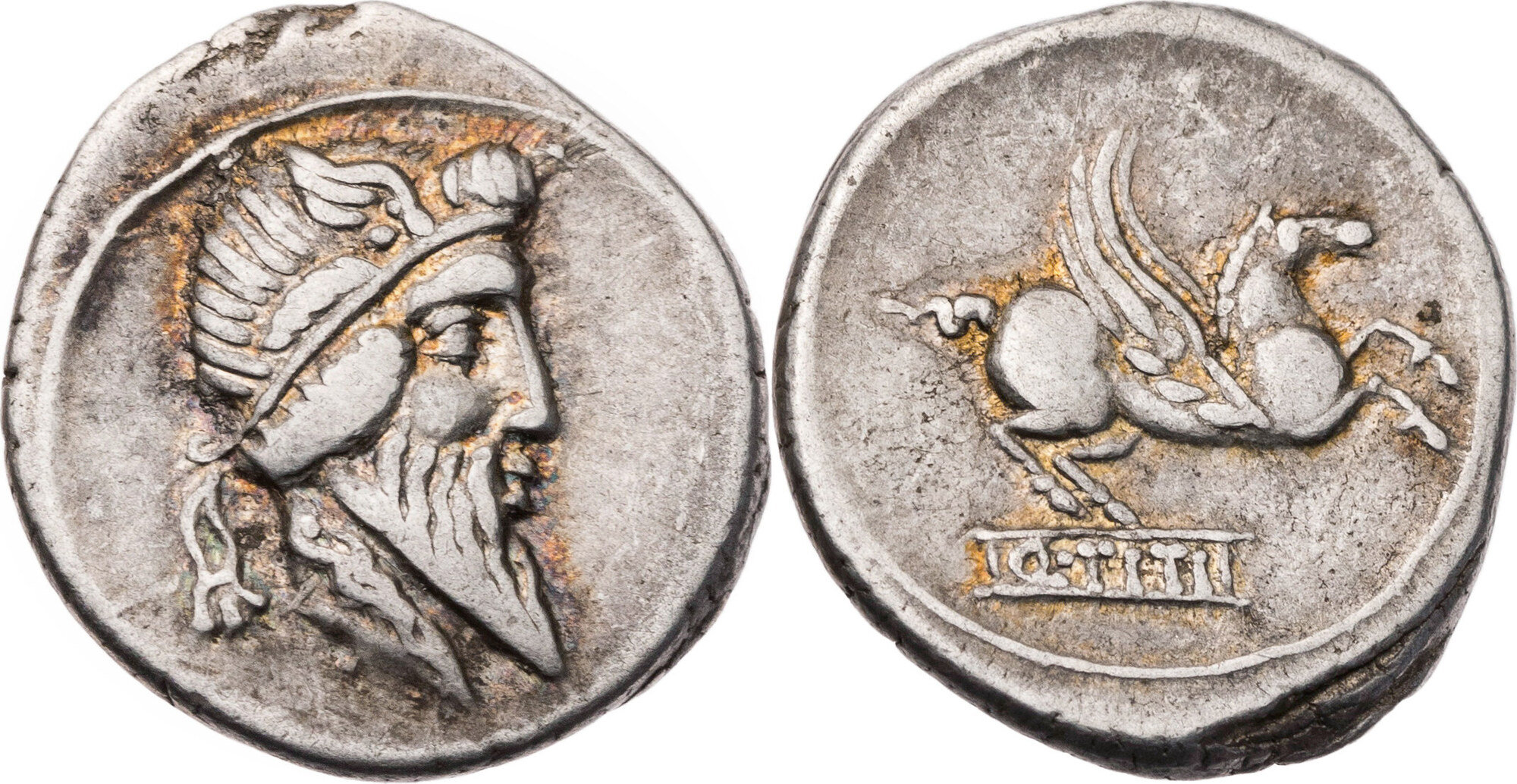 Römische Republik Denar 90 v. Chr. Q. Titius, Kopf des Mutinus Titinus