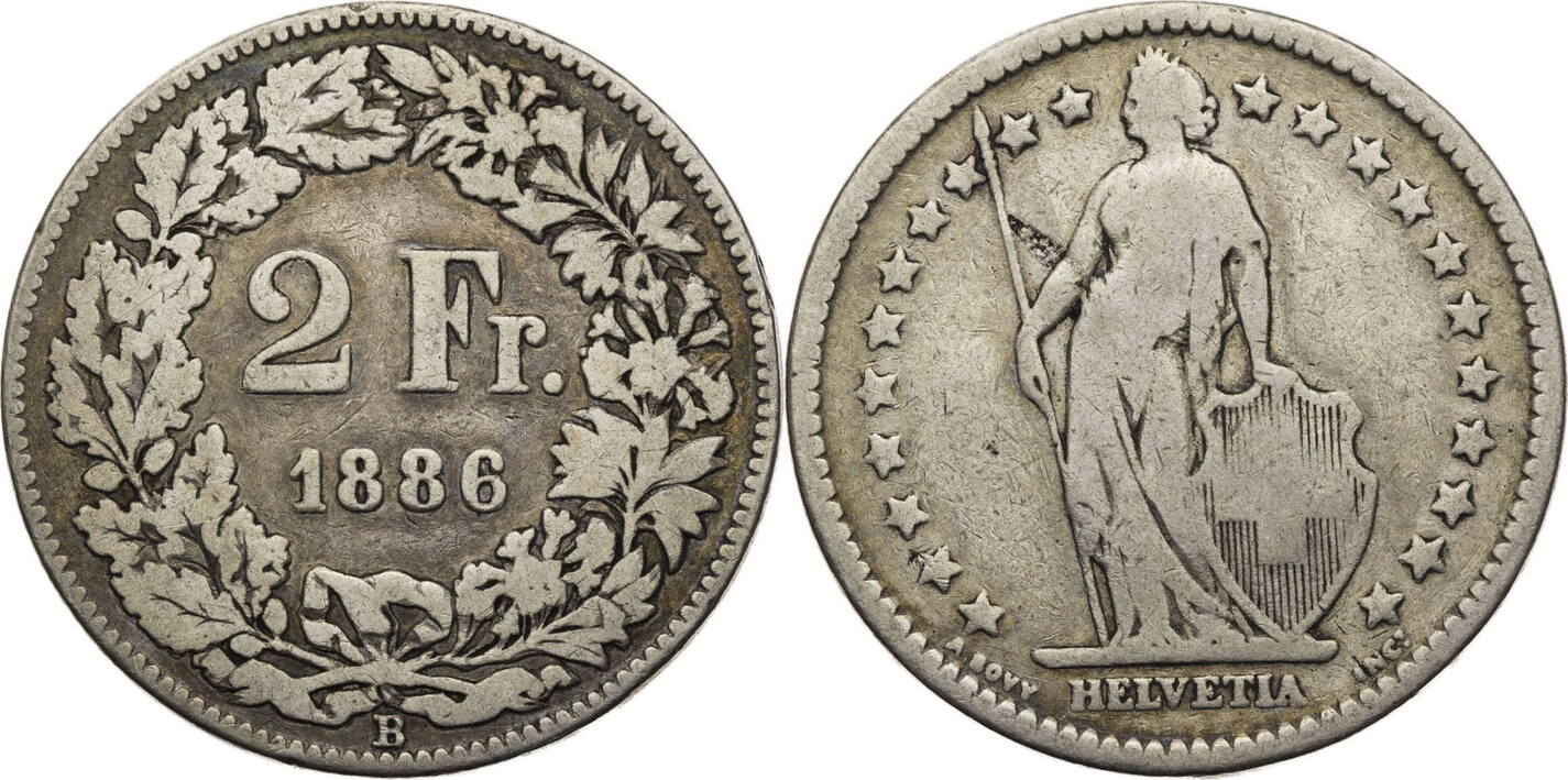 Schweiz 2 Franken 1886 B Helvetia - Kursmünze (1874-1967) Schön | MA-Shops