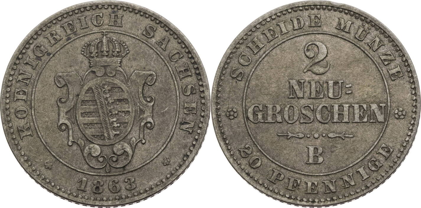 Sachsen, Albertinische Linie 20 Pfennige (2 Neugroschen) 1863 B Johann ...