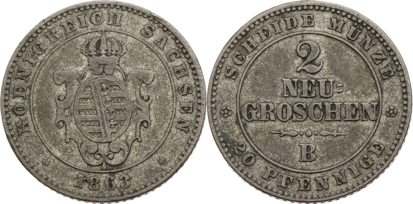 Sachsen, Albertinische Linie 20 Pfennige (2 Neugroschen) 1863 B Johann ...