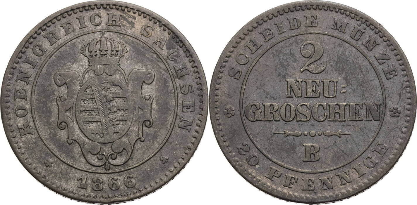 Sachsen, Albertinische Linie 20 Pfennige (2 Neugroschen) 1866 B Johann ...