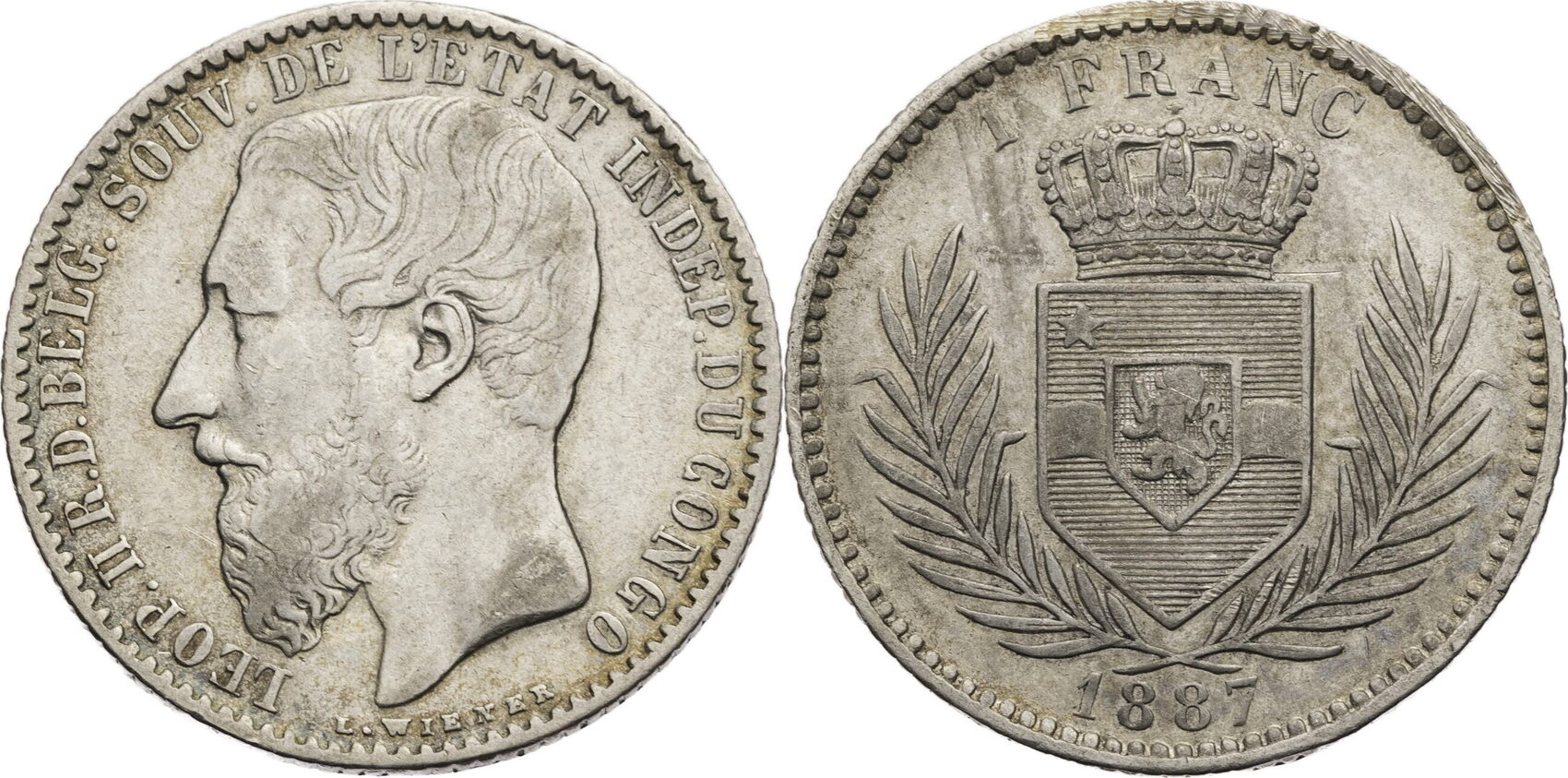 Kongo, Freistaat 1 Franc 1887 Leopold II. (18851908) ss, Rf.