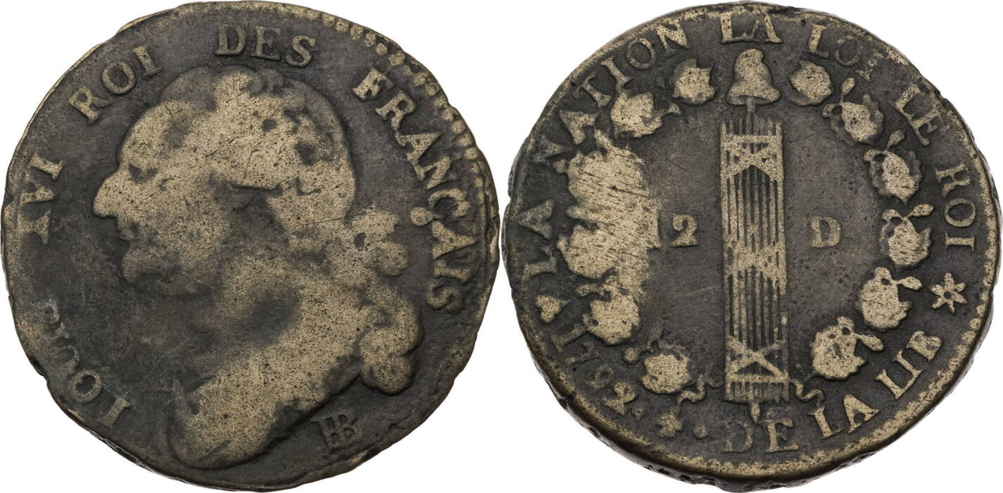 Frankreich, Konstitutionelle Monarchie 12 Deniers 1792 BB Ludwig XVI