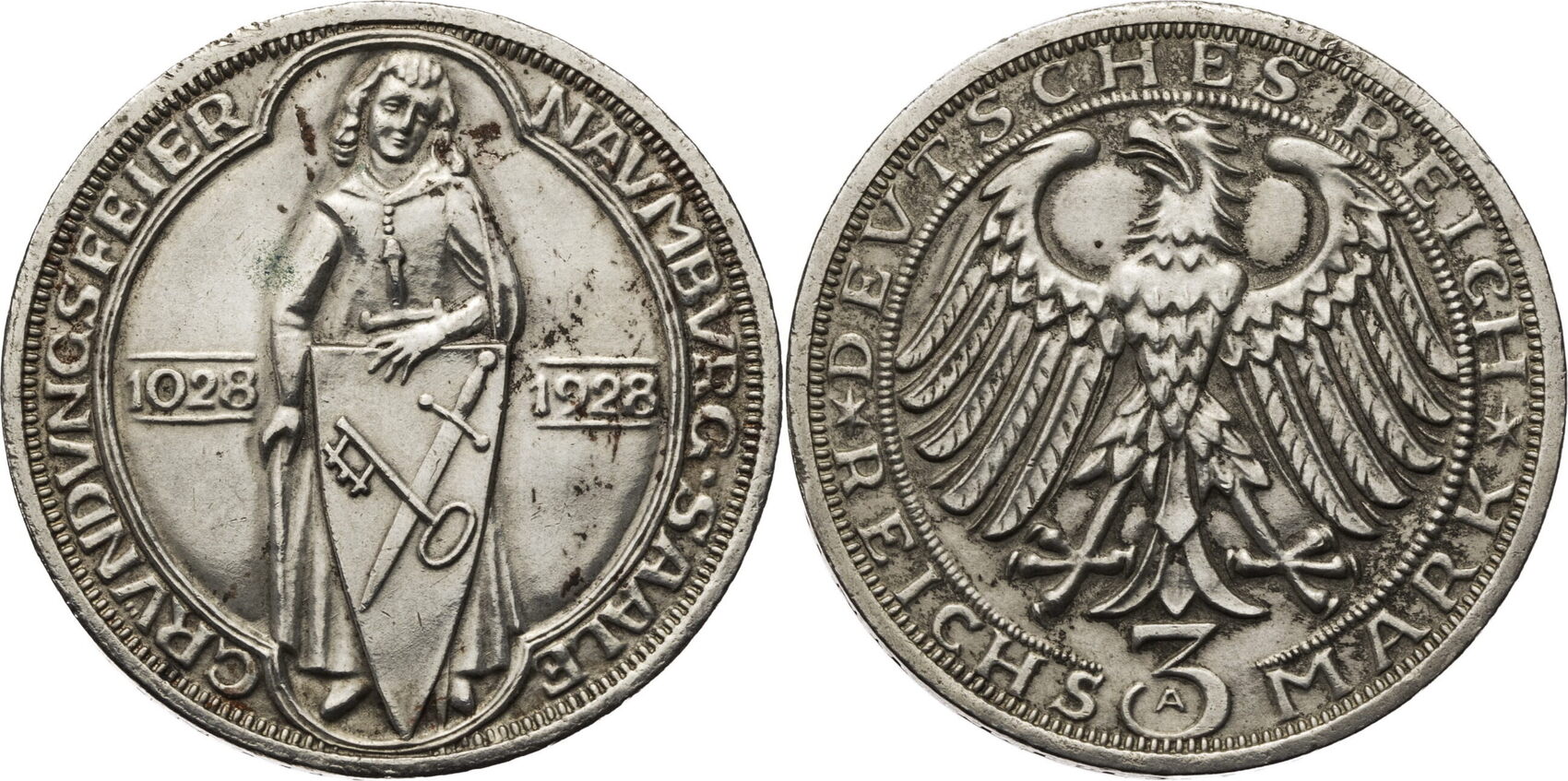 Weimarer Republik 3 Mark 1928 A Naumburg an der Saale ssvz, Rf