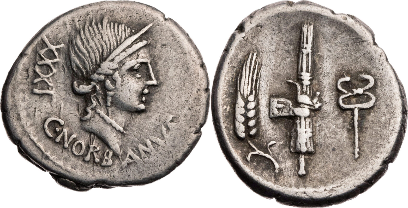 Römische Republik Denar 83 v. Chr. C. Norbanus, Kopf der Venus / Fasces