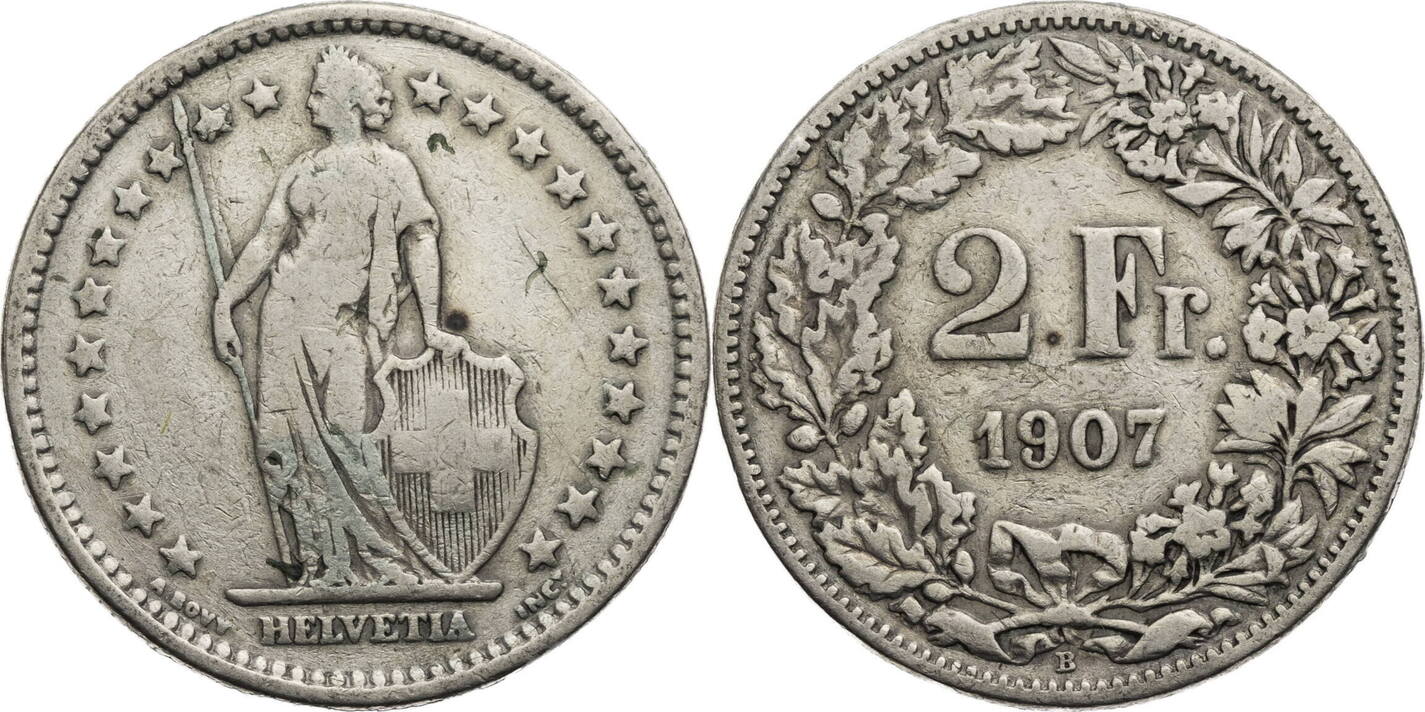 Schweiz 2 Franken 1907 B Helvetia - Kursmünze (1874-1967) Ss | MA-Shops