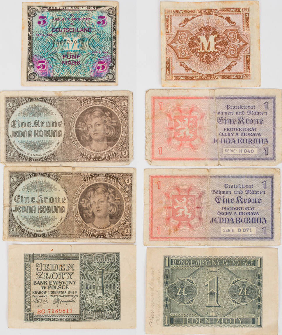 Deutschland Drittes Reich 1 Zloty 2x1 Krone 5 Mark 1941 O J 1944 deutschland-drittes-reich-1-zloty-2x1-krone-5-mark-1941-o-j-1944