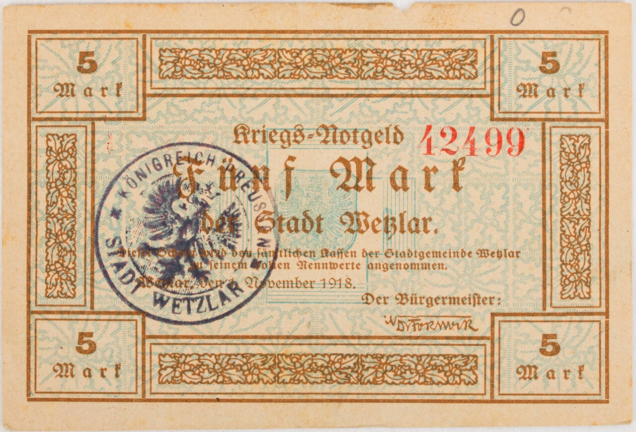 Wetzlar 5 Mark 1.11.1918 KriegsNotgeld Fünf Mark Stempel D KN