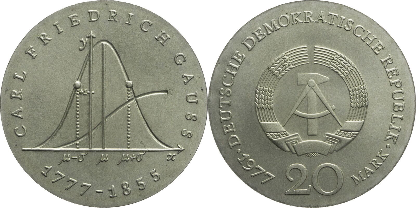 DDR 20 Mark 1977 (A) Zum 200. Geburtstag von Carl Friedrich Gauss vz ...