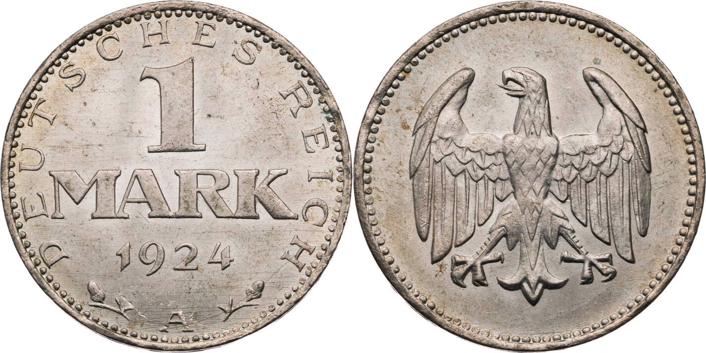Weimarer Republik 1924 Bis 1929 Weimarer Republik 1 Mark 1924 A Kursmünze (1924-1925) vz | MA-Shops