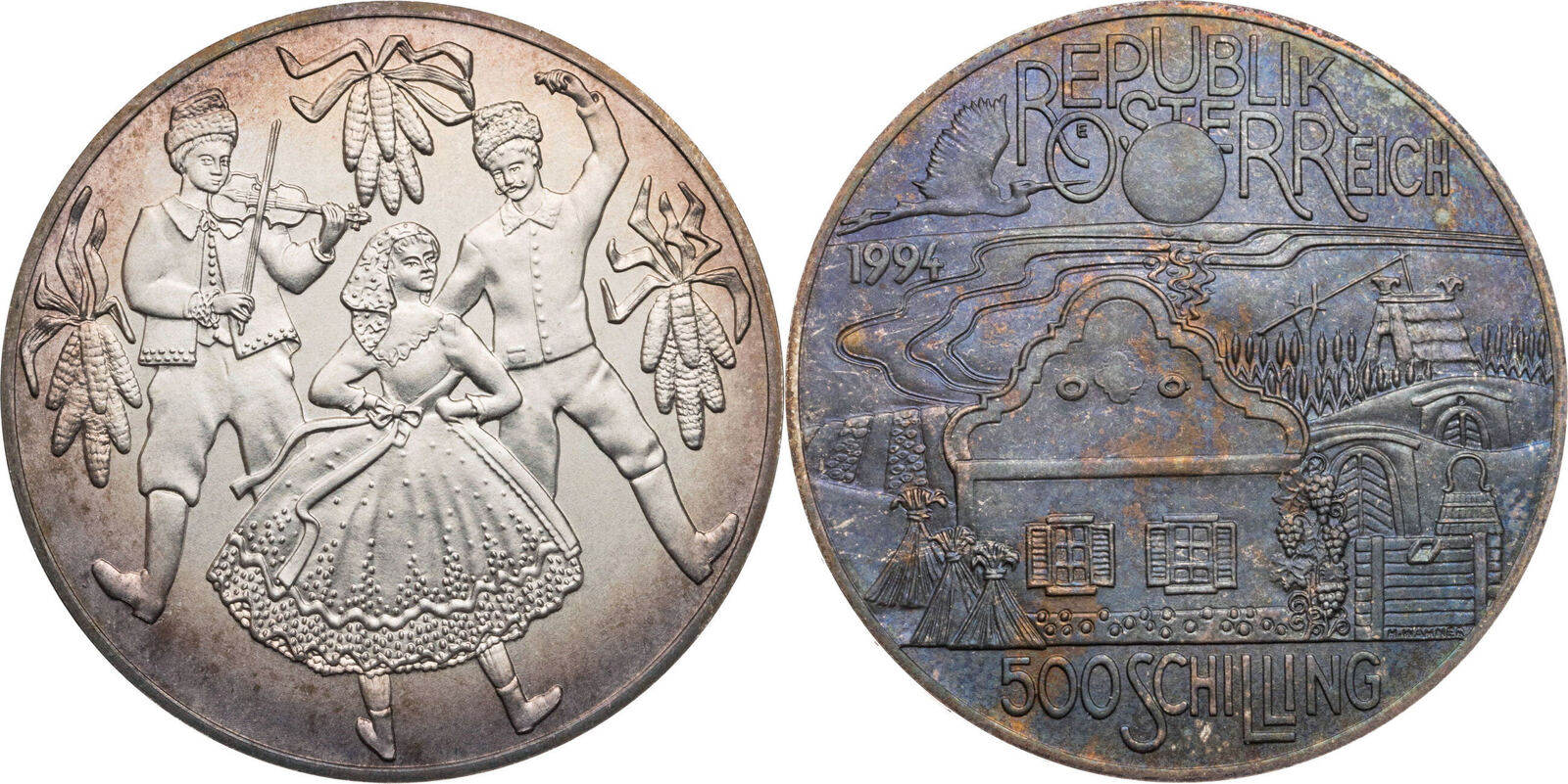 Österreich 500 Schilling 1994 Pannonische Region vz-st, dunkle Patina ...