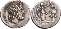 Römische Republik Quinar Cn. Cornelius Lentulus Clodianus, Kopf des Iupiter / Victoria bekränzt Tropaeum -
