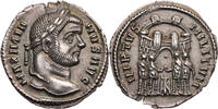 Römische Kaiserzeit Argenteus Maximianus Herculius, Kopf / Tetrarchen opfern vor Lagertor -