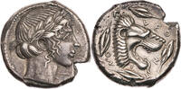 Sizilien Tetradrachme Leontinoi, Kopf des Apollon / Löwenkopf -