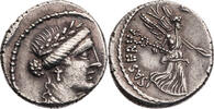 Römische Republik Denar L. Hostilius Saserna, weiblicher Kopf / Victoria mit Tropaeum und Caduceus -