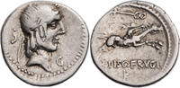Römische Republik Denar L. Calpurnius Piso Frugi, Kopf des Apollo / Reiter -
