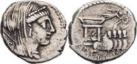 Römische Republik Denar L. Rubrius Dossenus, Kopf der Juno / Triumphalquadriga -