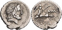 Römische Republik Denar (Serratus) Q. Antonius Balbus, Kopf des Iupiter / Victoria in Quadriga -