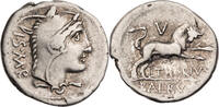 Römische Republik Denar 105 v. Chr. L. Thorius Balbus, Kopf der Iuno Sospita / Stier springt n. r. ss