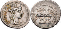 Römische Republik Denar M. Plaetorius M. f. Cestianus, Büste der Kybele / Sella Curulis -