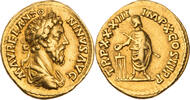 Römische Kaiserzeit Aureus 179 n. Chr. Marcus Aurelius, Büste / Kaiser opfert an Dreifuß, R! kl. Prü