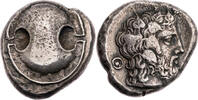 Böotien Stater 425-395 v. Chr. Theben, boiotischer Schild / Kopf des Dionysos, R! schöne Tönung, min. korrodiert, ss