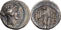 Denar 42 v. Chr. Römische Republik P. Clodius Turrinus, Kopf des Apollo / Diana mit zwei Fackeln schöne dunkle Patina, etwas dezentriert, sonst s...