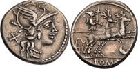 Denar 143 v. Chr. Römische Republik Anonym, Kopf der Roma / Diana mit Fackel in Hirschbiga schöne alte Sammlungstönung, ss+